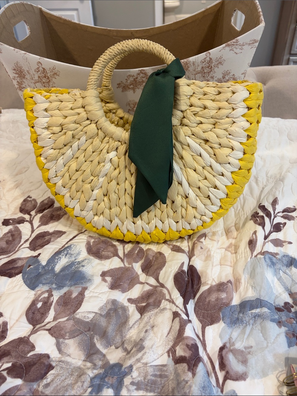 Semi-Circle Handwoven Straw Mini Bag with Yellow Trim and Green Scarf